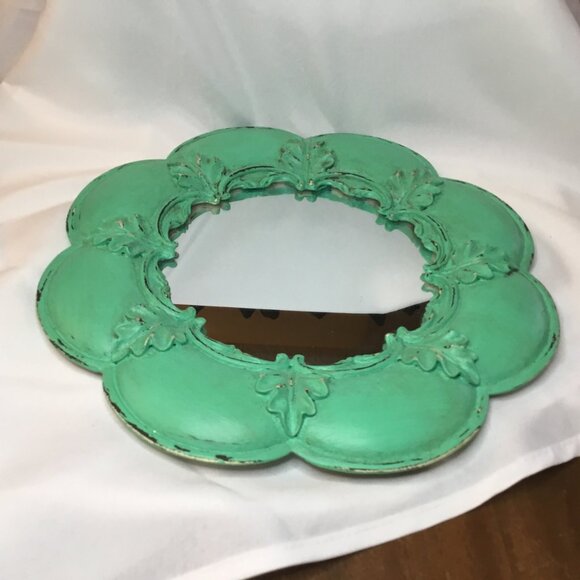 Repurposed Trendy Chalkware/Plaster 14" X 14" Distressed Round Flower Mirror - Picture 2 of 4